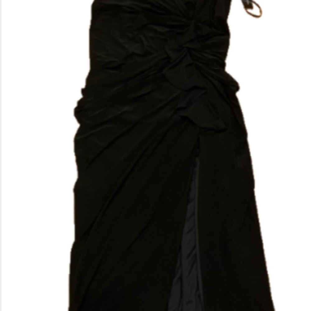 BETSY & ADAM Black Cascade Ruffle Deep V-Neck SleevelessStretch Jersey Gown 18 W